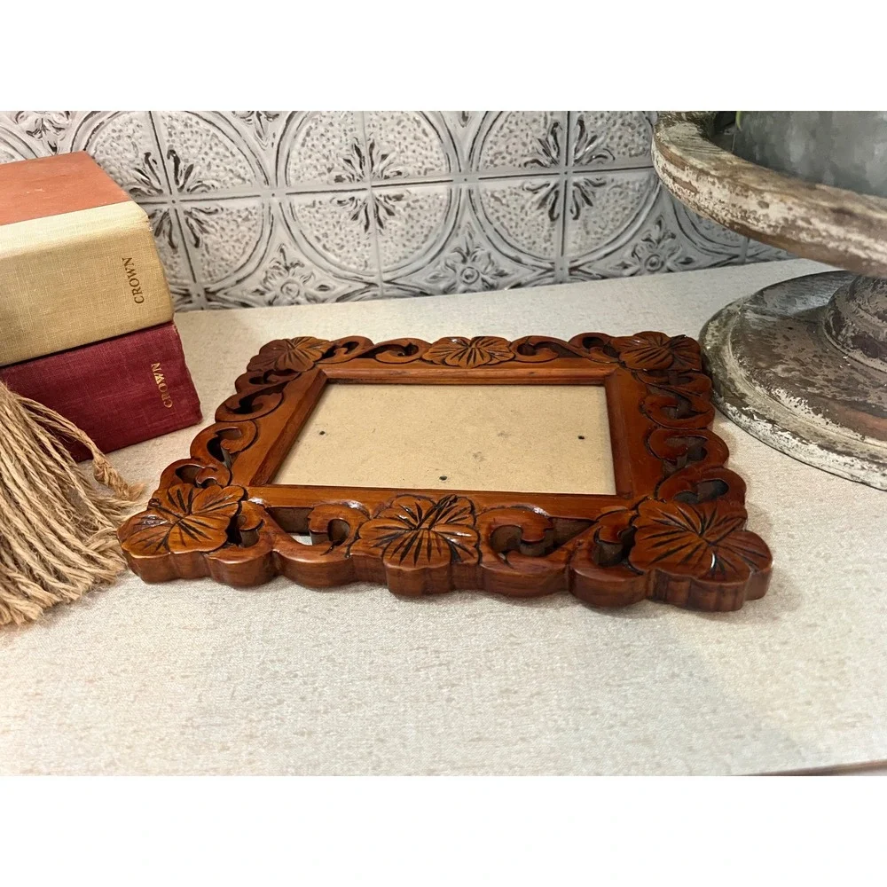 Vintage Hand Carved Wood Floral Picture Frame Boho Tropical Wall Decor 5.5x3x5